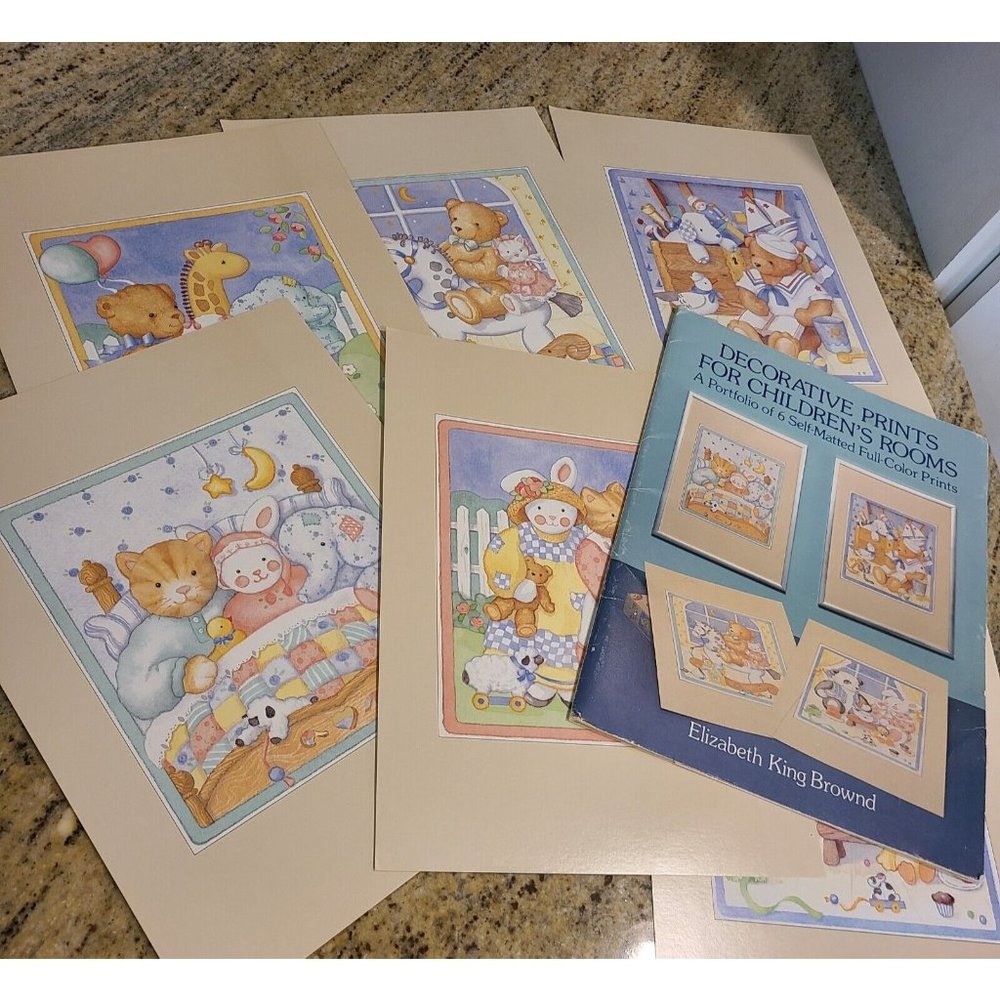 Elizabeth King Brownd Decorative Prints Children's Room Set of 6. Cat Bear Bunny